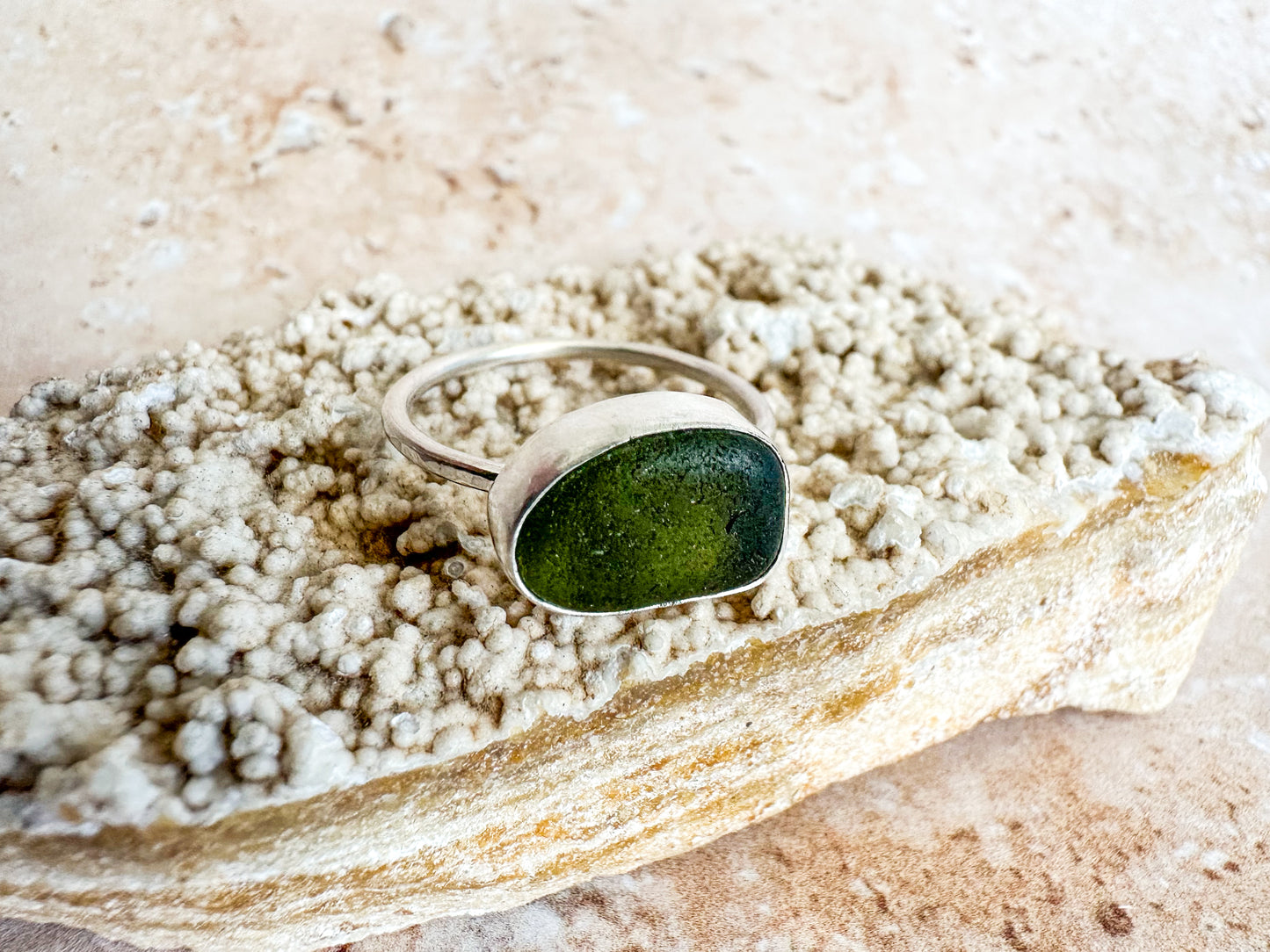 Olive green sea glass and sterling silver ring, size R