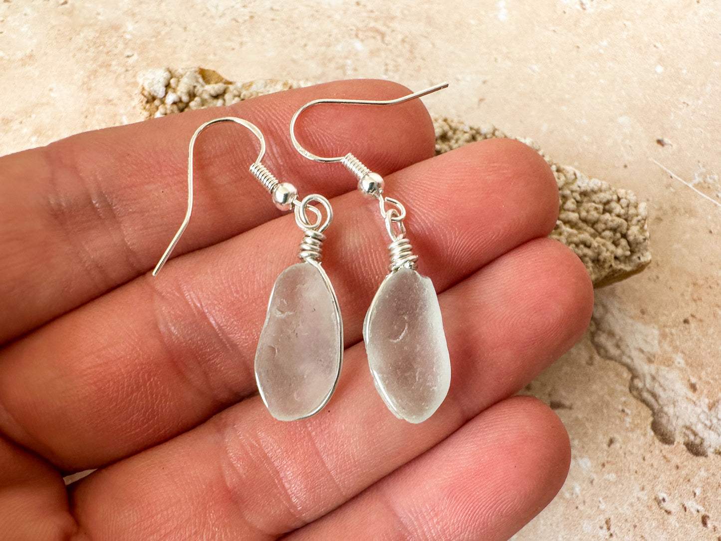 Pale seafoam sea glass sterling silver earrings