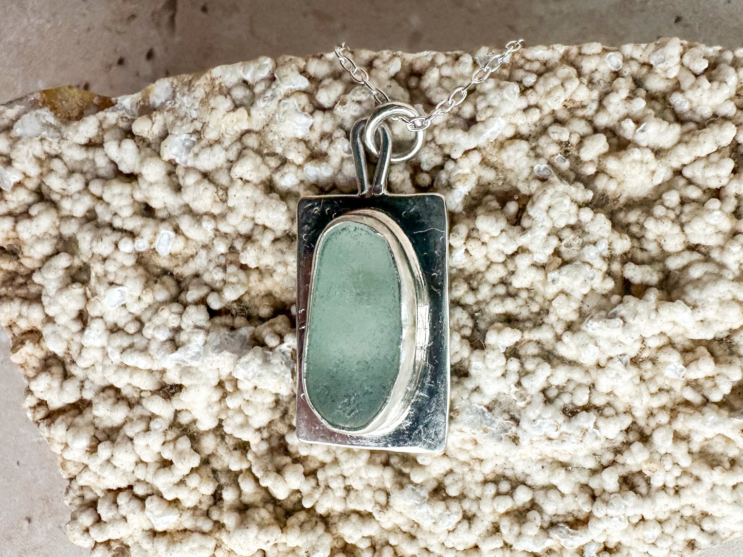 Seafoam sea glass and sterling silver necklace pendant