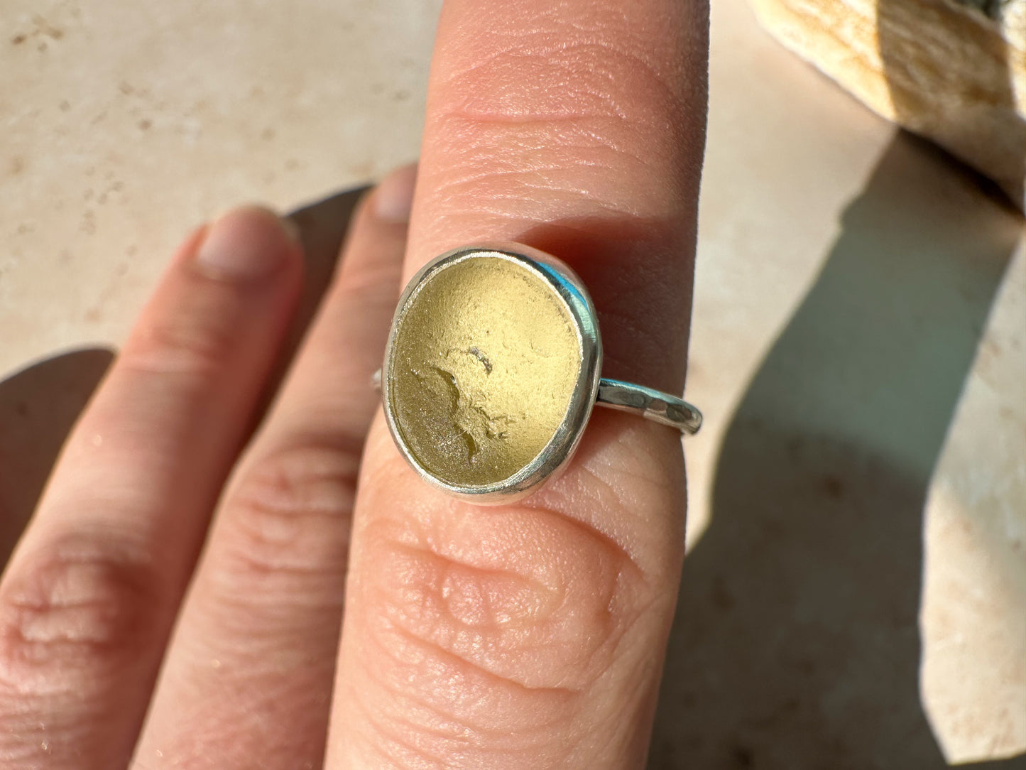 Pale yellow Seaham sea glass and sterling silver ring, size N