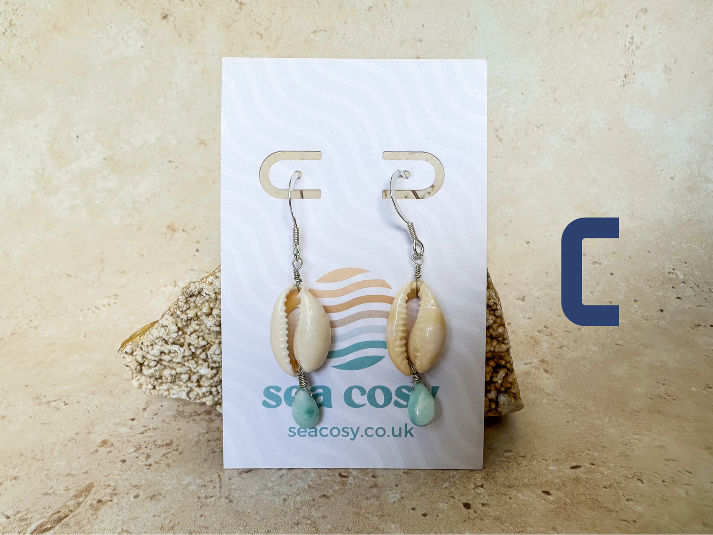 Cowrie sea shell and larimar silver drop earrings