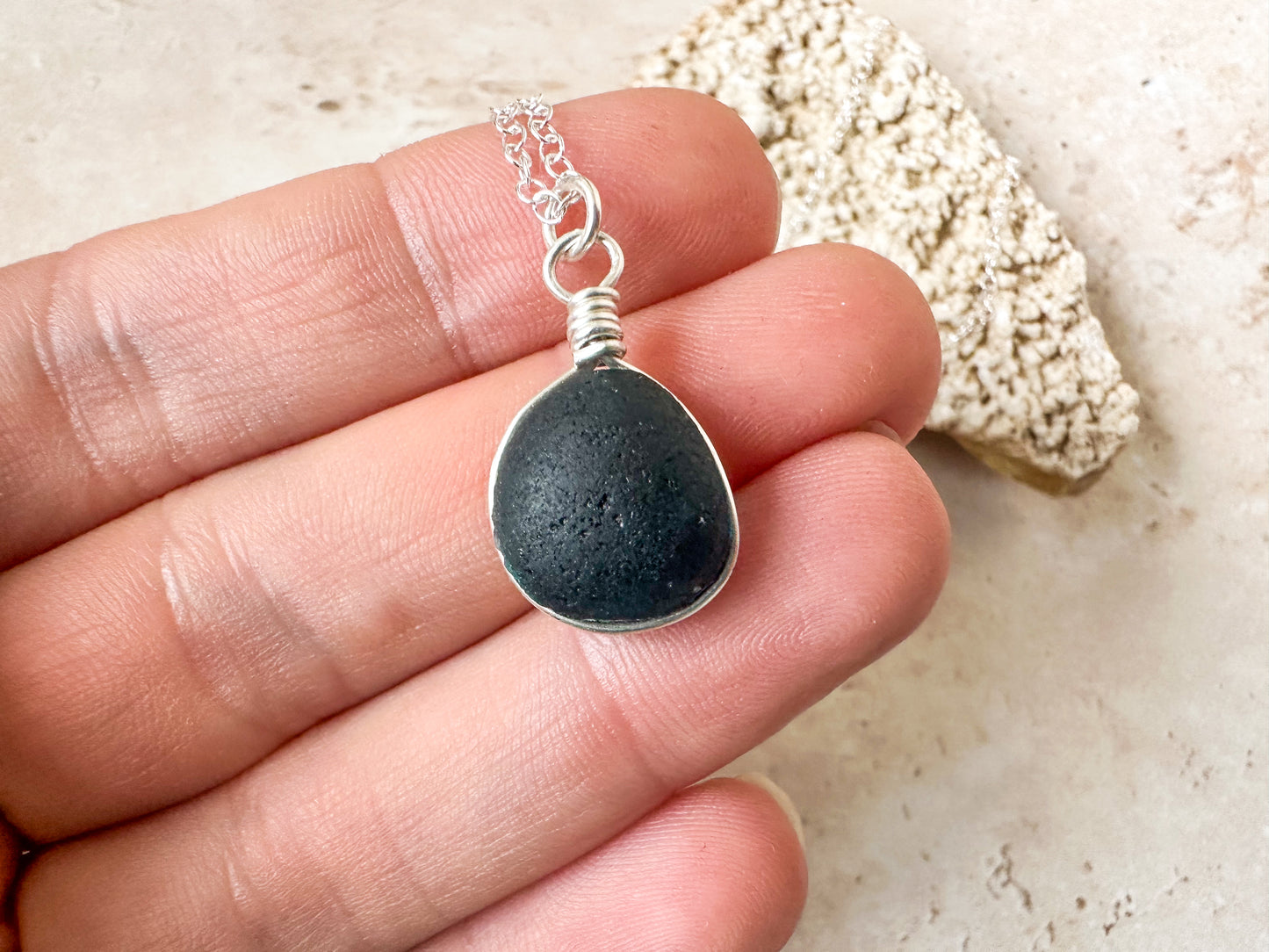 Rare blue multi pirate sea glass necklace pendant