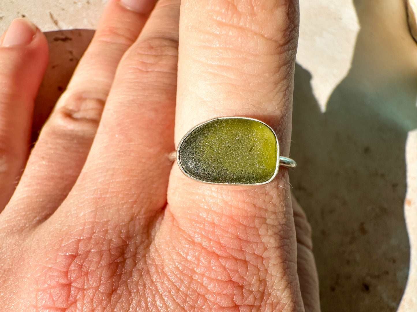 Olive green sea glass and sterling silver ring, size R