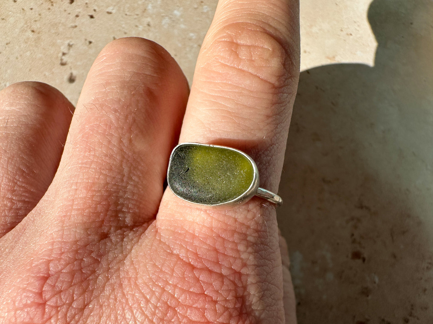 Olive green sea glass and sterling silver ring, size R