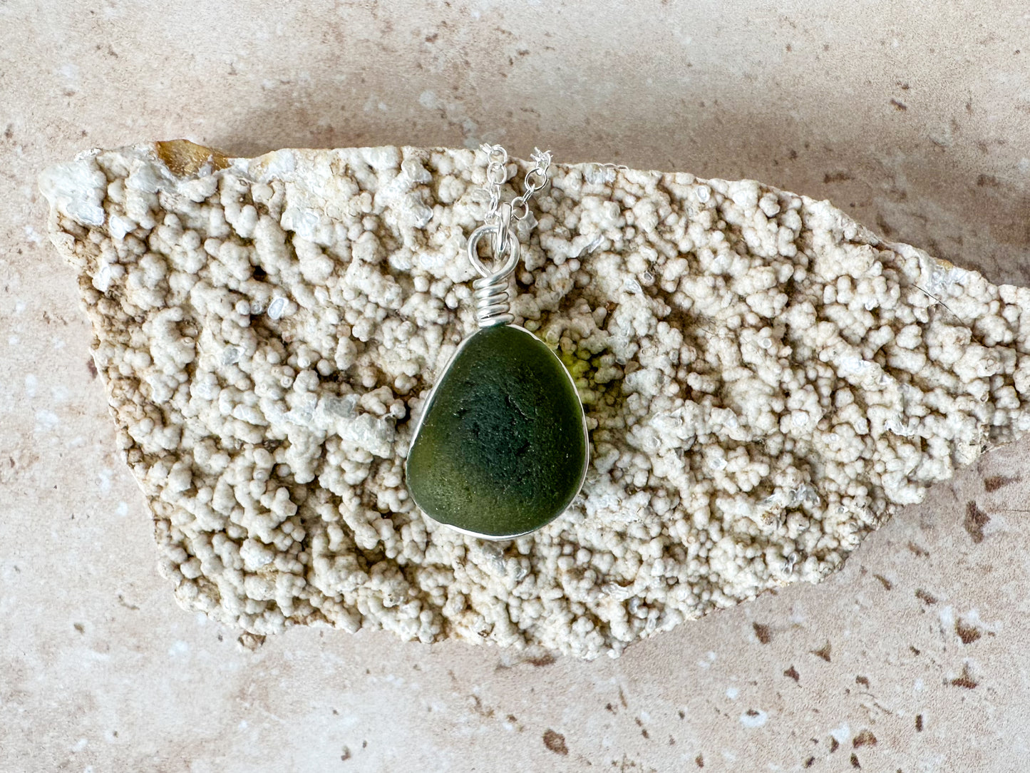 Olive green sea glass necklace pendant