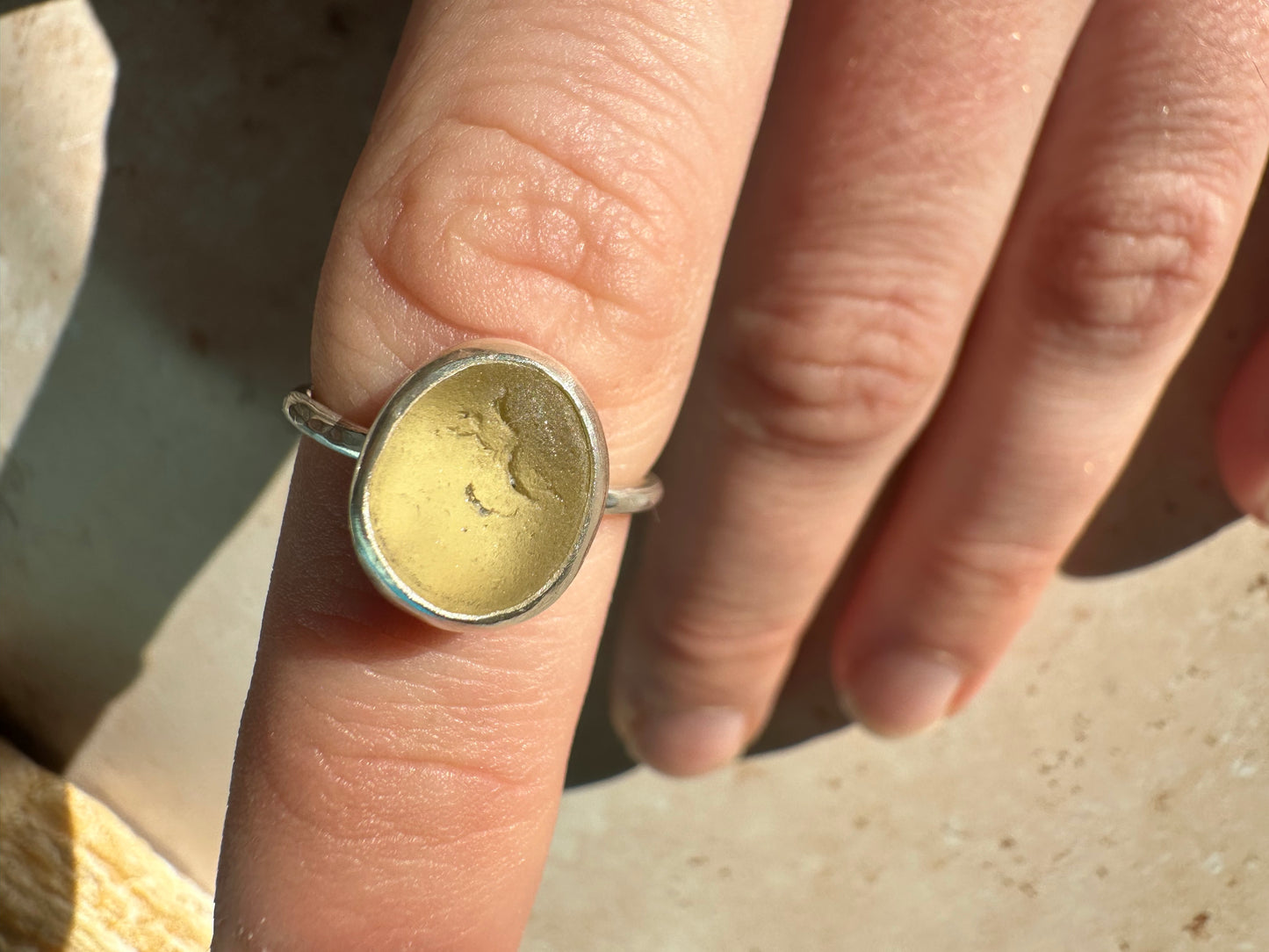 Pale yellow Seaham sea glass and sterling silver ring, size N