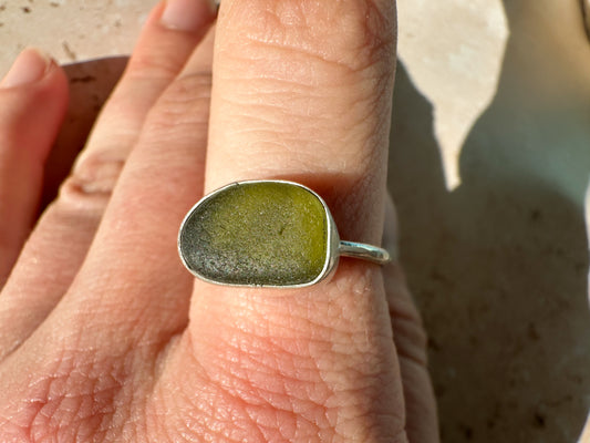 Olive green sea glass and sterling silver ring, size R