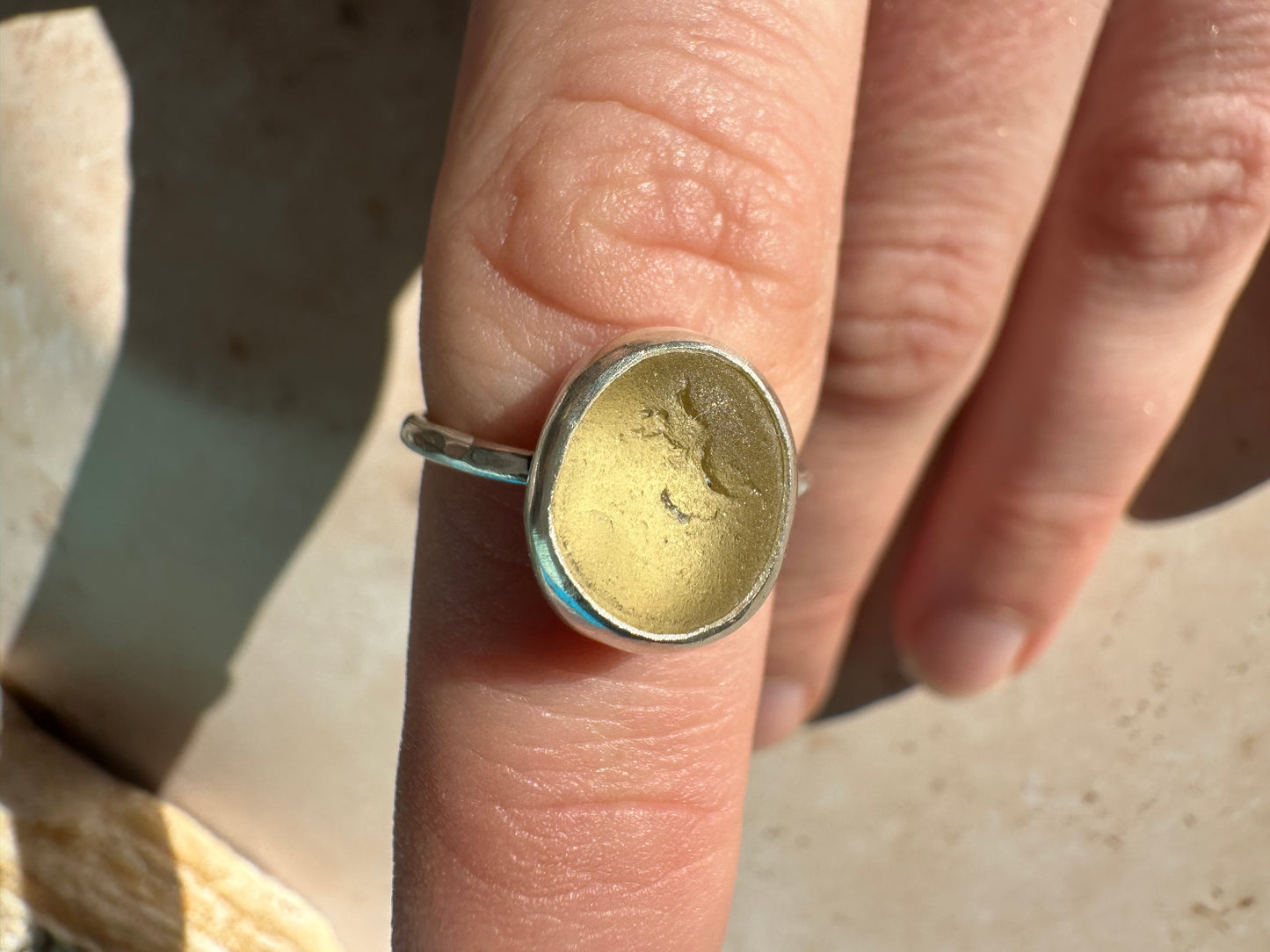 Pale yellow Seaham sea glass and sterling silver ring, size N