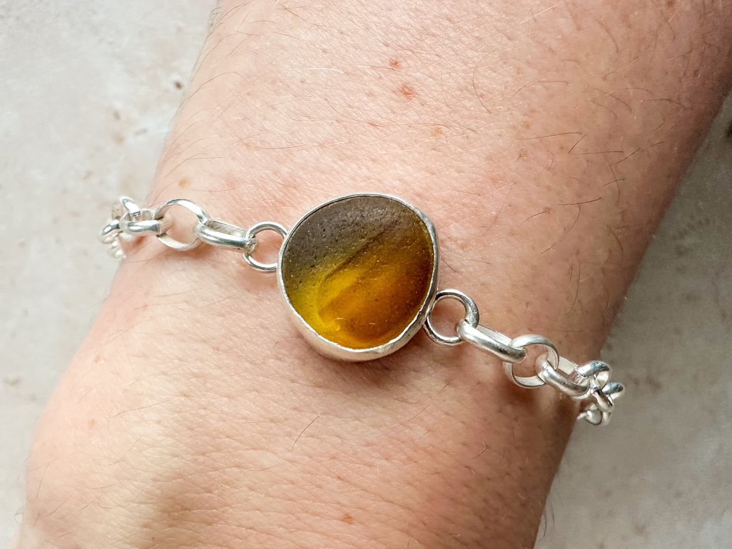 Adjustable Sterling Silver bracelet with rare honey yellow Seaham sea glass