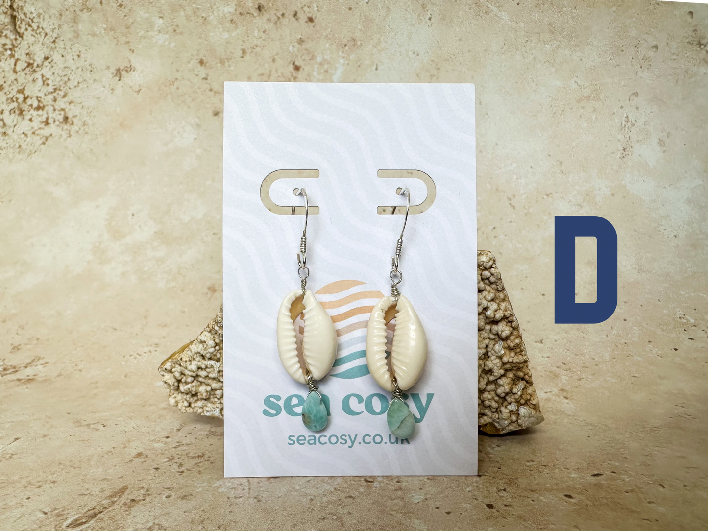 Cowrie sea shell and larimar silver drop earrings