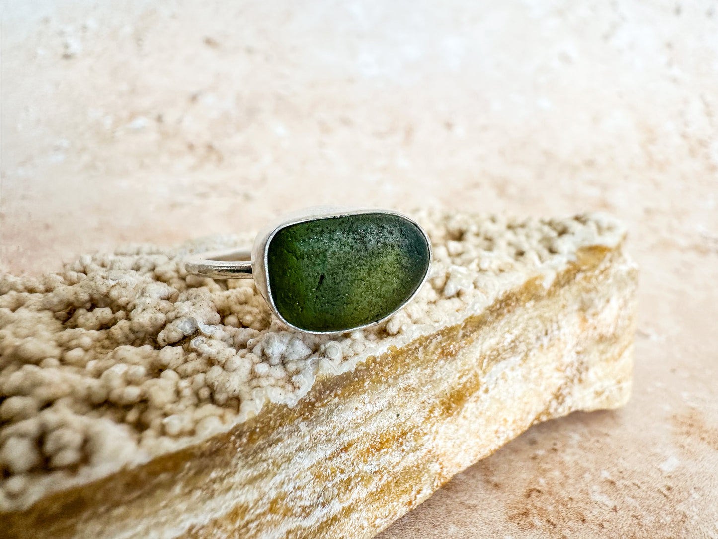 Olive green sea glass and sterling silver ring, size R