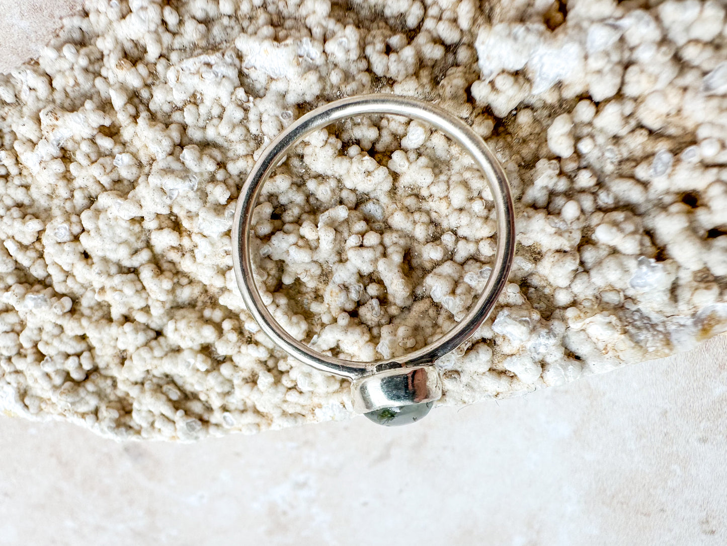 “Sea grass in clear waters” moss agate ring, size R