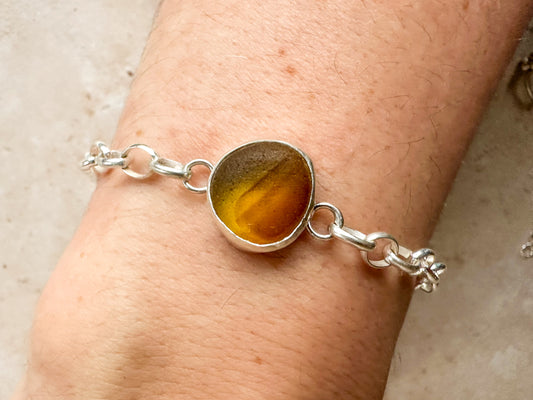 Adjustable Sterling Silver bracelet with rare honey yellow Seaham sea glass