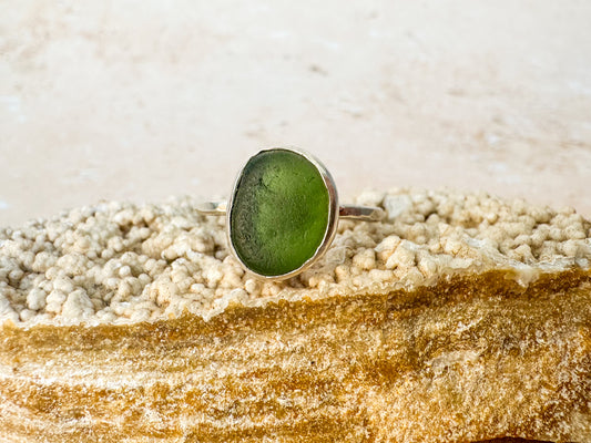 Green sea glass ring size P