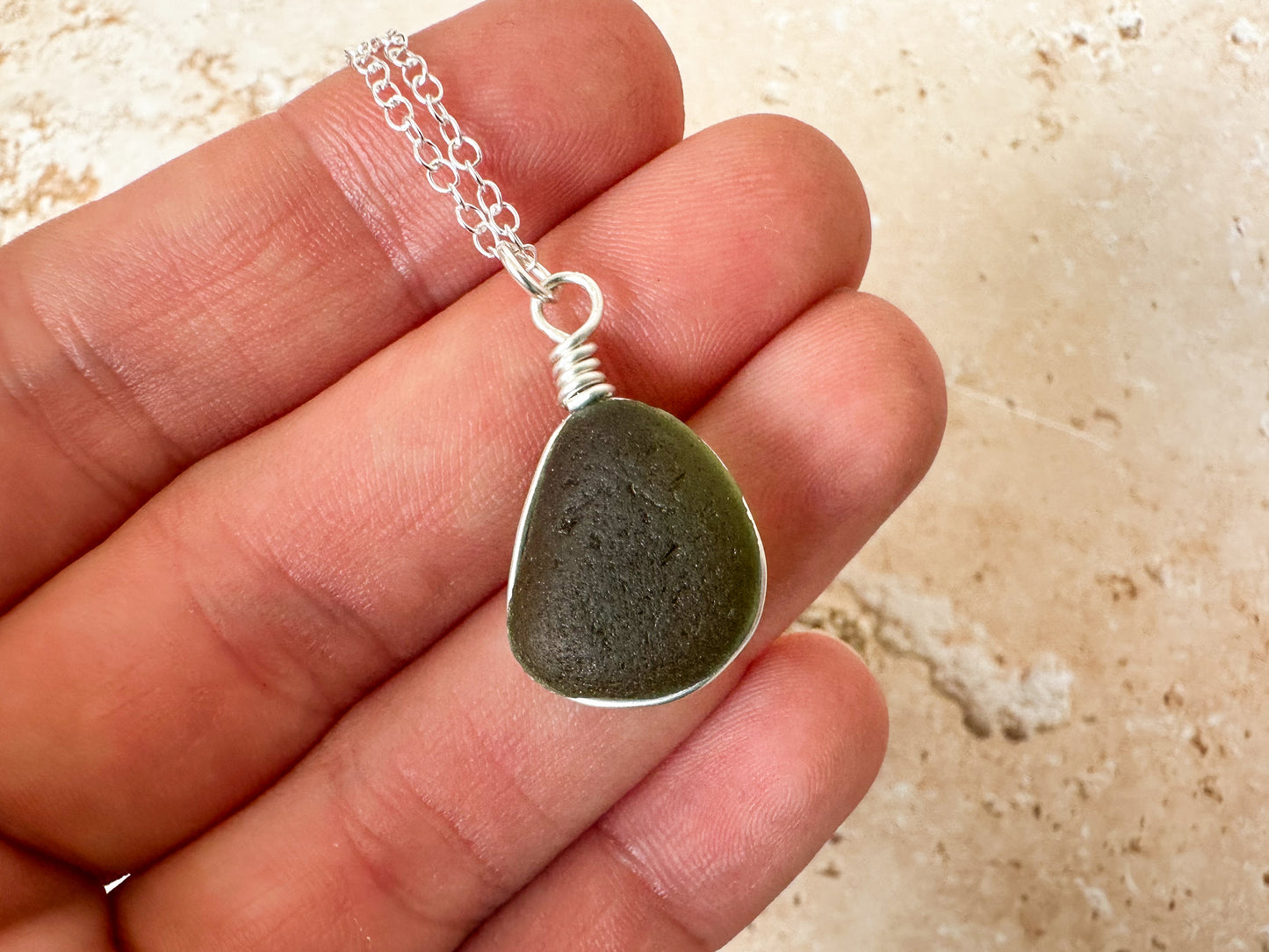 Olive green sea glass necklace pendant