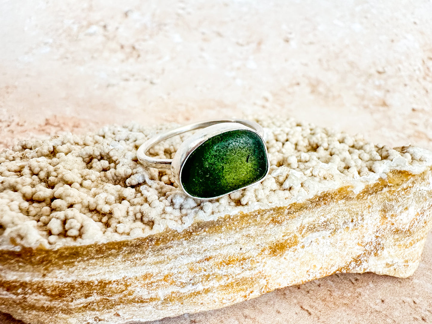 Olive green sea glass and sterling silver ring, size R