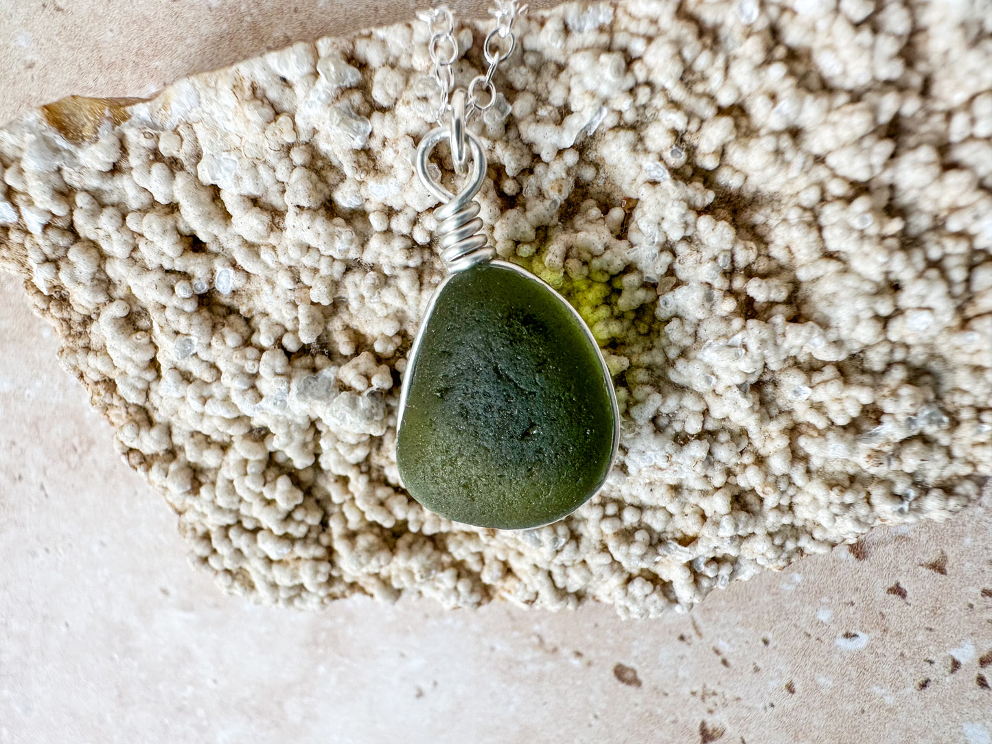 Olive green sea glass necklace pendant