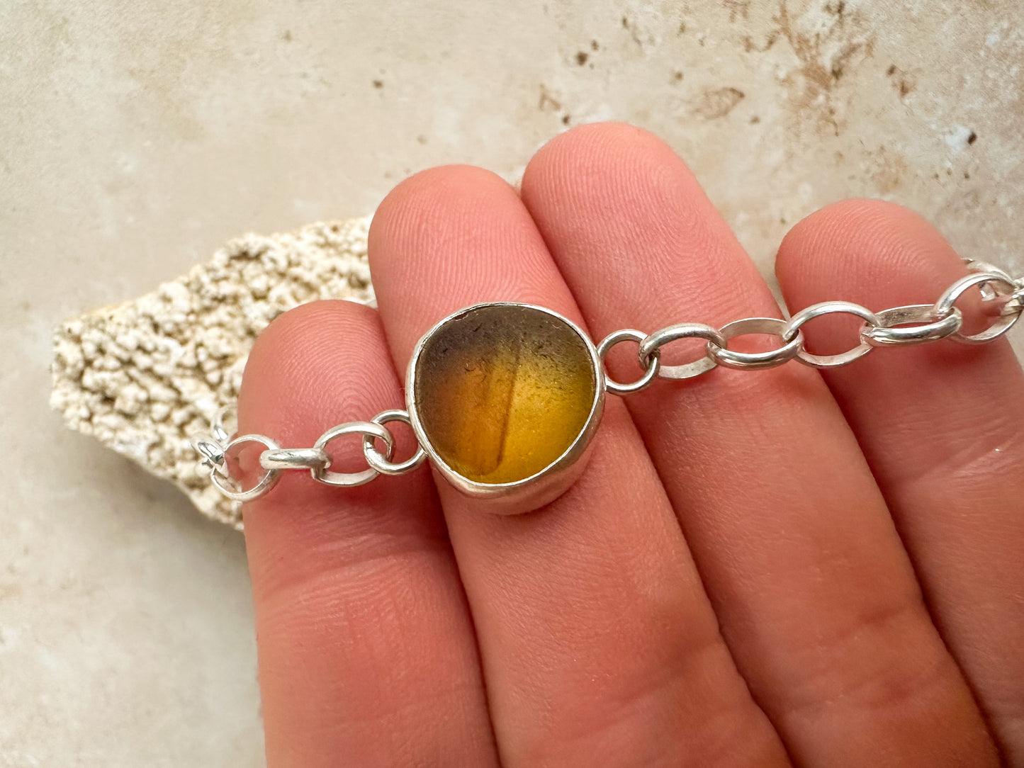 Adjustable Sterling Silver bracelet with rare honey yellow Seaham sea glass