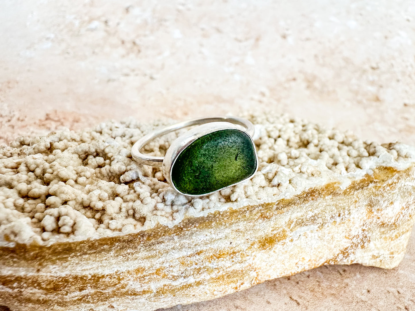 Olive green sea glass and sterling silver ring, size R
