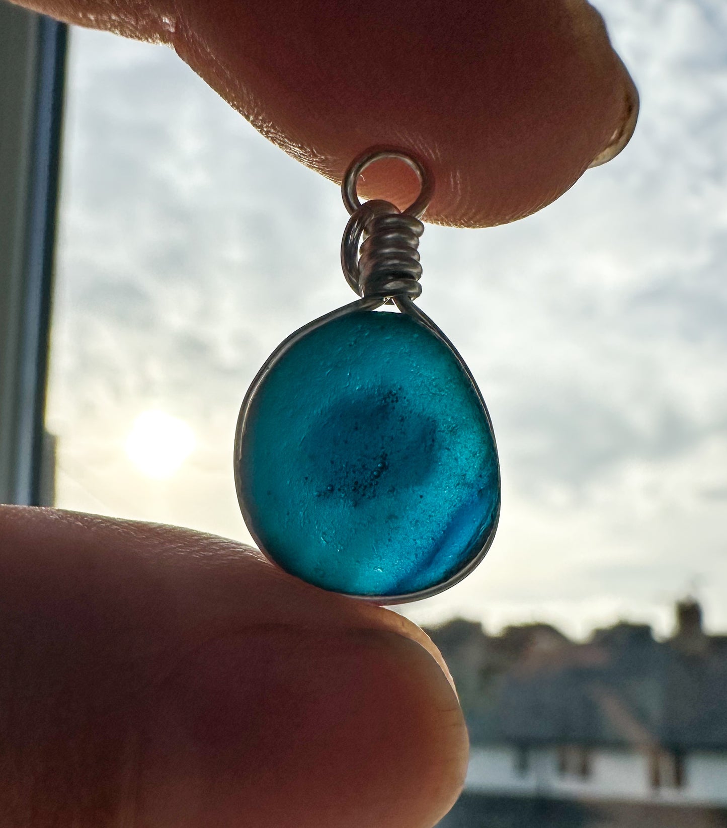 Rare blue multi pirate sea glass necklace pendant