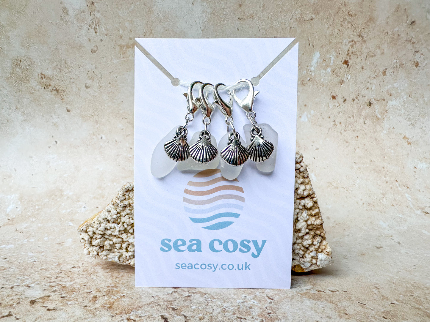 Sea glass and silver sea shell crochet stitch markers