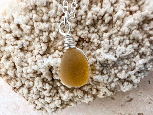 Honey yellow sea glass sterling silver necklace pendant